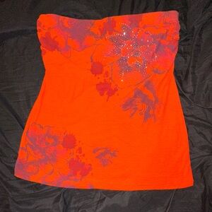 Orange Strapless Top with Floral Design